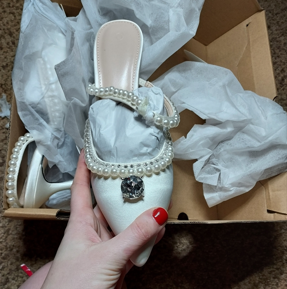 Satin Jeweled pearl strappy kitten heels 8.5
